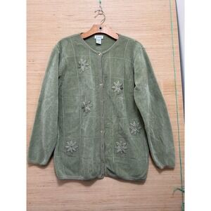 Littleton Sage Green Chenille Floral Embroidered Cardigan Sweater Large L 3083